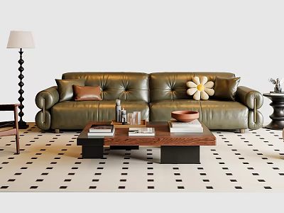 Green Leather Sofa And Coffee Table Set With Decorative Pillows Books And Floor Lamp 3d model