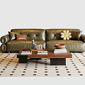 Green Leather Sofa And Coffee Table Set With Decorative Pillows Books And Floor Lamp