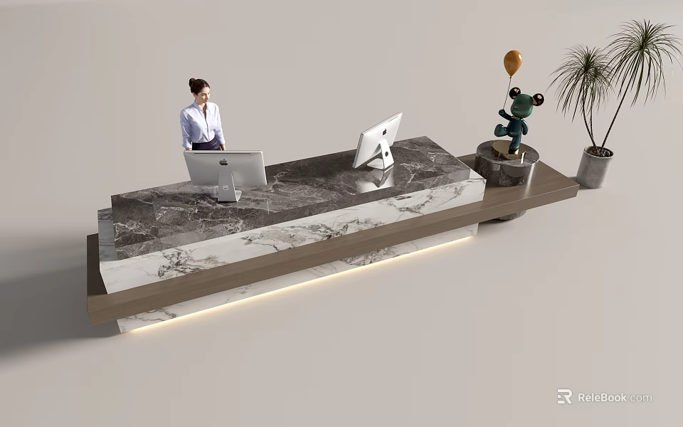 Modern Reception Desk With Marble Countertop Computers Staff Plant Balloon Decoration And Lighting Strip 3d model 