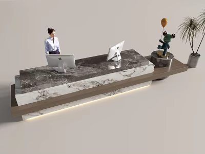 Modern Reception Desk With Marble Countertop Computers Staff Plant Balloon Decoration And Lighting Strip 3d model