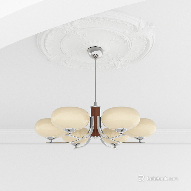 Classic Chandelier With Multiple Cream Round Shades And Metal Frame On Carved Ceiling 3d model 