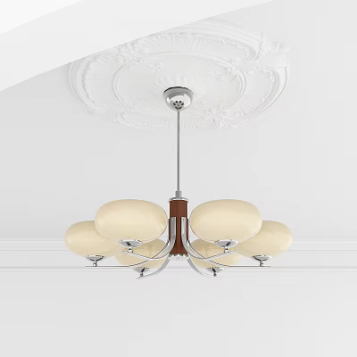 Classic Chandelier With Multiple Cream Round Shades And Metal Frame On Carved Ceiling 3d model