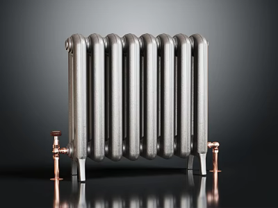 Stylish Modern Silver Metal Radiator With Vertical Tubes And Copper Connections 3d model