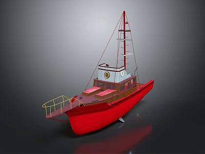 Red Wooden Boat With Yellow Railings Pink Seats And Mast Structure 3d model