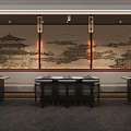 Traditional Chinese Restaurant Interior With Ancient Architecture Murals And Bar Stools