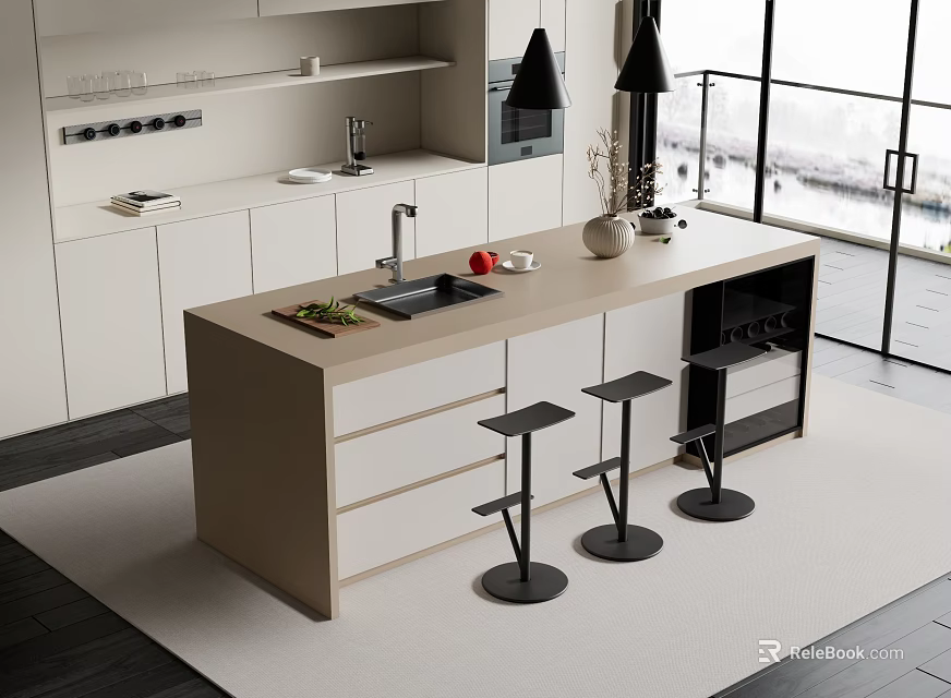 Modern Kitchen Bar Counter with Beige Countertop Three Black Stools and Open Design Cabinets 3d model 