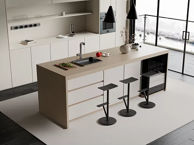 Modern Kitchen Bar Counter with Beige Countertop Three Black Stools and Open Design Cabinets 3d model