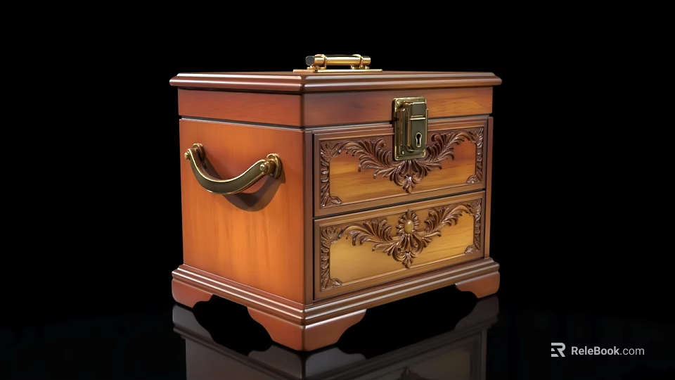 Vintage Wooden Carved Box With Drawers Metal Lock And Handle 3d model 