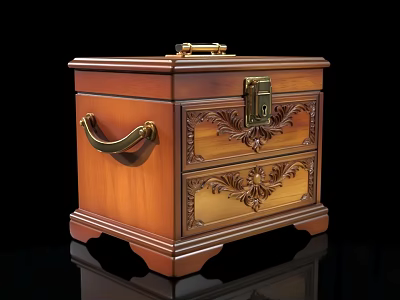 Vintage Wooden Carved Box With Drawers Metal Lock And Handle 3d model