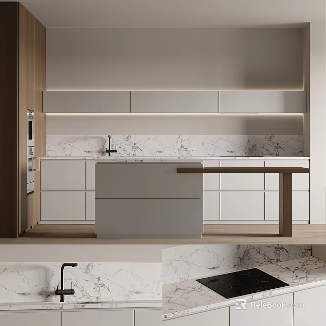 Sleek Modern Kitchen Interior Featuring White Wood Cabinets And Marble Countertop 3d model 