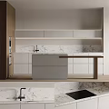 Sleek Modern Kitchen Interior Featuring White Wood Cabinets And Marble Countertop