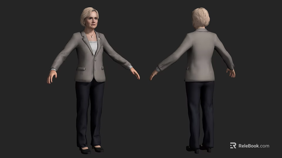 Professional Woman In Gray Blazer White Top Black Pants And Shoes Front Back Views 3d model 