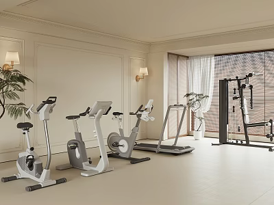 Indoor Sports Equipment Display With Treadmills Exercise Bikes And Strength Training Gear 3d model