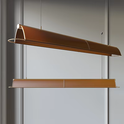 Modern Brown Leather Linear Pendant Lights With Stitching Hanging In Minimal Interior 3d model