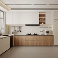 Modern Open Concept Kitchen Interior With White And Wooden Cabinets And Appliances