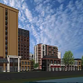 Vibrant Commercial Street With Modern Buildings Shops Pedestrian Walkways Central Plaza And Greenery