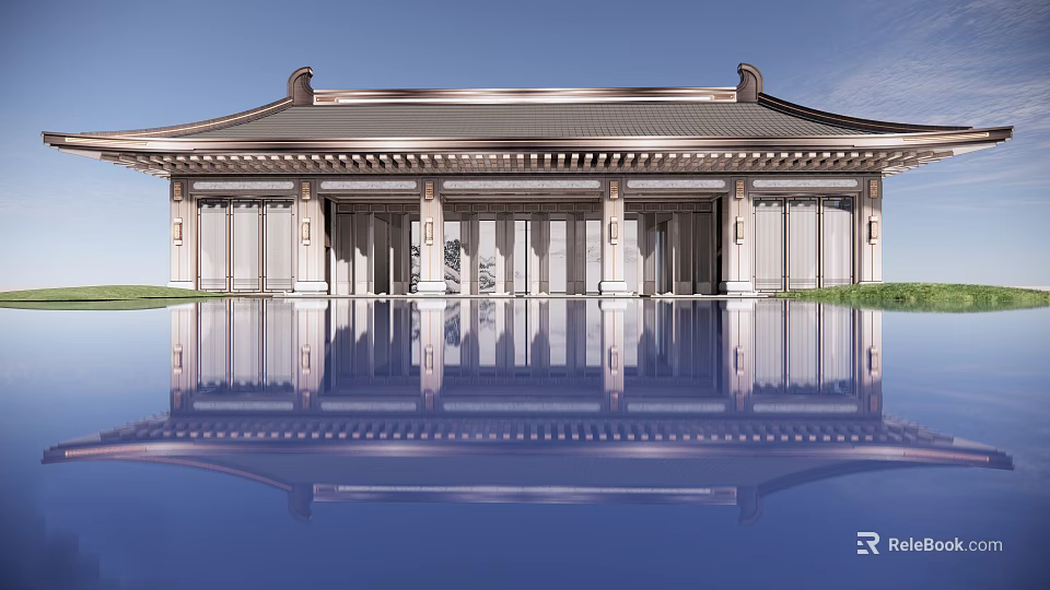 Ancient Architecture With Classic Roof Symmetrical Structure And Reflective Pool Reflection 3d model 