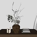 Brown Textured Ceramic Vase With Natural Dried Branches And White Blooms On Wooden Table