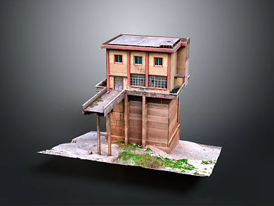 Two Story Building Model With Yellow Brown Exterior Red Window Frames Extended Platform Green Moss 3d model