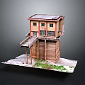 Two Story Building Model With Yellow Brown Exterior Red Window Frames Extended Platform Green Moss