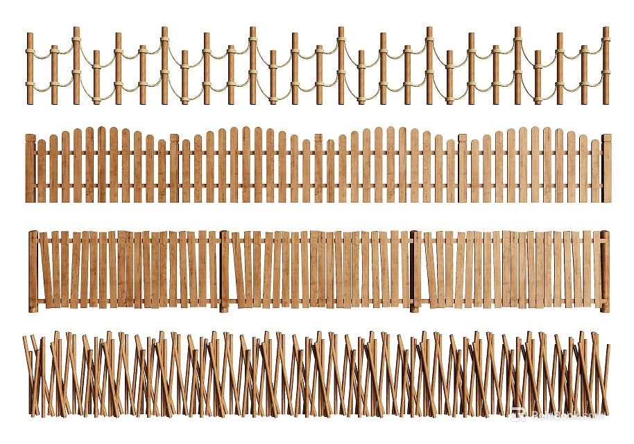 Various Wooden Fences With Different Design Styles And Decorative Patterns 3d model