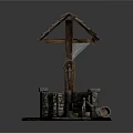 Traditional Well Structure With Wooden Frame Red Wooden Roof Stone Base And Water Bucket