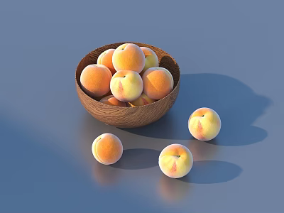 Fresh Ripe Peaches in Wooden Bowl on Blue Background with Scattered Peaches 3d model