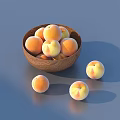 Fresh Ripe Peaches in Wooden Bowl on Blue Background with Scattered Peaches