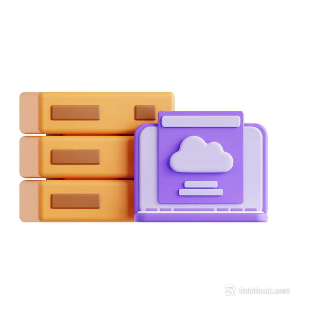 Stacked Orange File Boxes Next To Purple Laptop Showing Cloud Icon 3d model