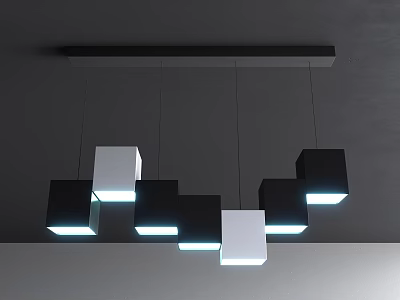 Modern Irregular Shaped Chandelier With Black White Geometric Pendant Lights Hanging From Long Bar 3d model
