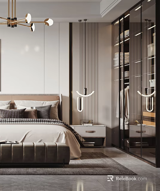 Modern Bedroom Interior Design With Gray Bedding Bedside Lamp White Walls And Black Glass Wardrobe 3d model 