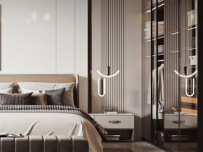 Modern Bedroom Interior Design With Gray Bedding Bedside Lamp White Walls And Black Glass Wardrobe 3d model
