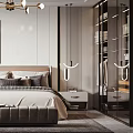 Modern Bedroom Interior Design With Gray Bedding Bedside Lamp White Walls And Black Glass Wardrobe