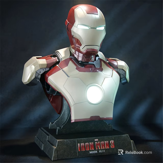 Iron Man Bust Doll With Red And White Armor Glowing Arc Reactor And Display Base 3d model 
