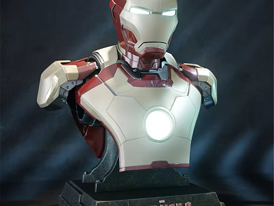 Iron Man Bust Doll With Red And White Armor Glowing Arc Reactor And Display Base 3d model