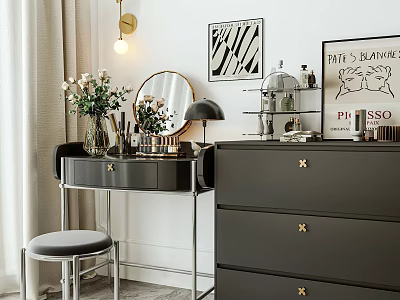 Black Dressing Table With Gold Accents Mirror Stool Table Lamp And Flower Vase 3d model
