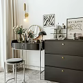 Black Dressing Table With Gold Accents Mirror Stool Table Lamp And Flower Vase