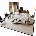 Modern White Sofa Coffee Table Set With Round Tables Chairs And Beige Rug 3d model
