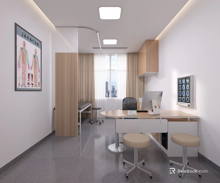 Medical Consultation Room Interior With Desk Stools Computer Anatomical Chart Wooden Cabinets Window And Lighting 3d model 
