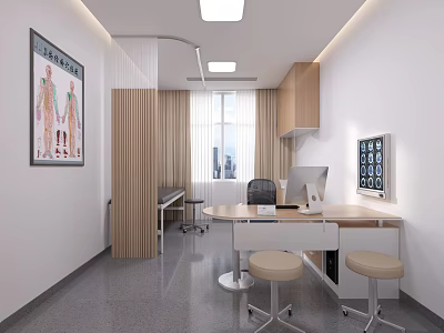 Medical Consultation Room Interior With Desk Stools Computer Anatomical Chart Wooden Cabinets Window And Lighting 3d model