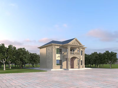 Two Story Detached Villa With Blue Roof Beige Exterior Porch Steps Front Lawn And Trees 3d model