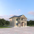 Two Story Detached Villa With Blue Roof Beige Exterior Porch Steps Front Lawn And Trees