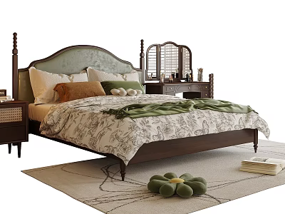 Double Bed with Wooden Frame and Green Headboard Cozy Bedding Pillows Nightstand on Rug 3d model