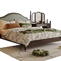 Double Bed with Wooden Frame and Green Headboard Cozy Bedding Pillows Nightstand on Rug