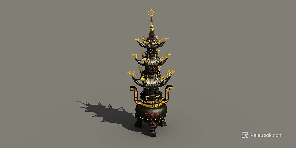 Traditional Pagoda Shaped Stove With Multi tiered Structure And Golden Decorations 3d model 