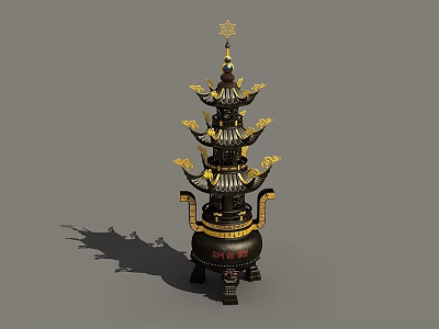 Traditional Pagoda Shaped Stove With Multi tiered Structure And Golden Decorations 3d model