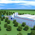 Industrial Factory White Building With Red Accents Green Trees Silos Yellow Trucks And Blue Fence