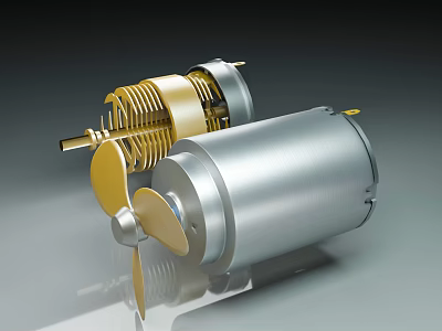 High Quality Industrial Motors With Golden Components And Silver Casing Featuring Fan Blades 3d model