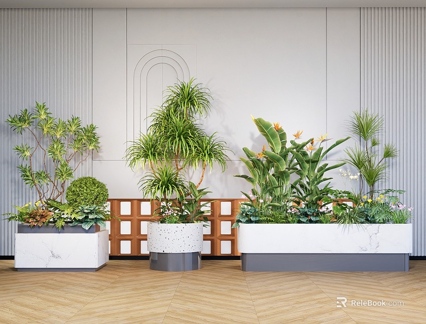 Stylish Plant Combinations With Green Foliage And Wooden Lattice Against Light Wall On Wooden Floor 3d model 