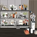 Decorative Ornament Combinations with Vases Photo Frames Green Plants Sculpture on Multi tiered White Shelves